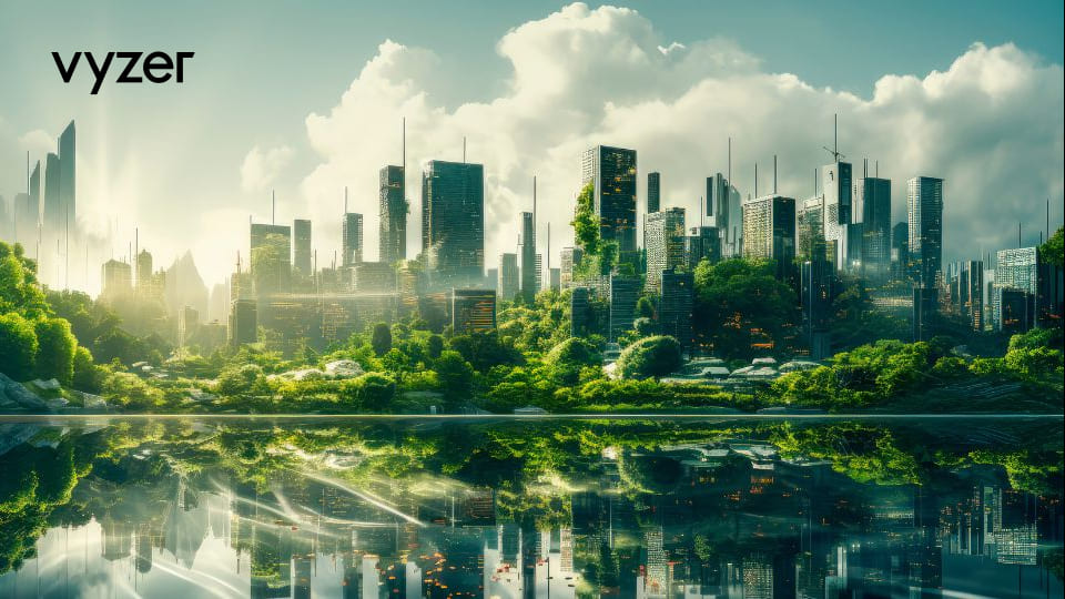 : Futuristic green city skyline reflecting on water, symbolizing sustainable commercial real estate trends and eco-friendly investments.