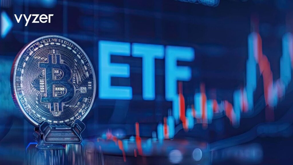 Bitcoin ETF Concept with Vyzer logo: Digital Representation of Bitcoin in front of ETF Text and Market Data Background