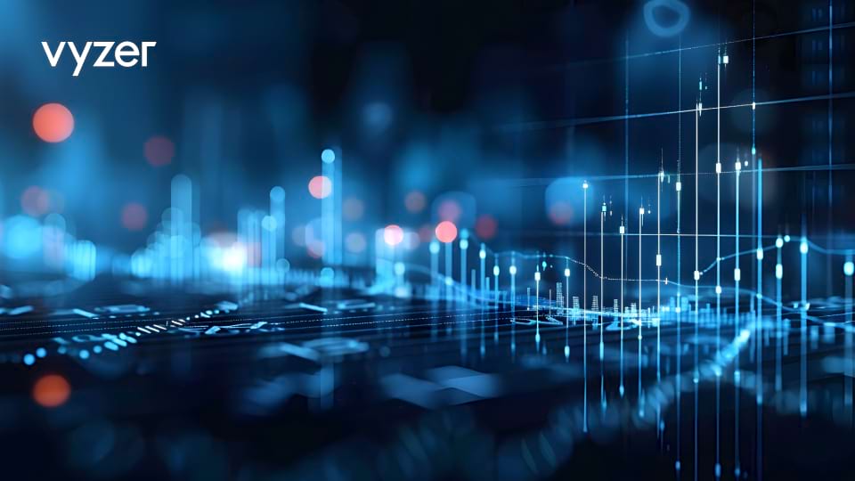 Digital graph illustrating investment gains and financial data for Harris's unrealized capital gains tax proposal, Vyzer logo in the background